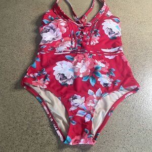 Kona Sol red rose print lace front deep V-neck cross back swimsuit